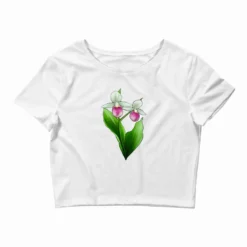Pink And White Lady's Slipper Flower Crop Top
