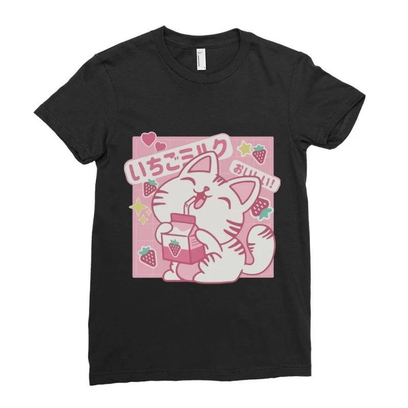 Cat With Strawberry Milk Ladies Fitted T-Shirt 3 Cat With Strawberry Milk Ladies Fitted T-Shirt - Image 3