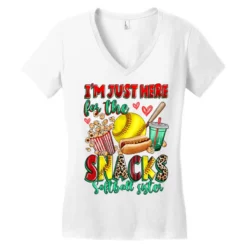 I'm Just Here For The Snacks Softball Sister Women's V-Neck T-Shirt -TeeMuse Store pd.2526995017.72.25100827.s3.1 front white ffffff none x0y0 138 800x800 1