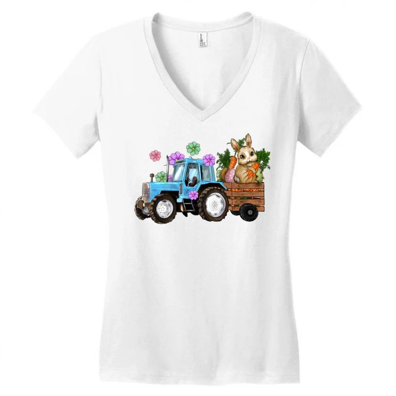 Happy Easter Tractor With Bunny Flowers And Carrot Women's V-Neck T-Shirt 3 Happy Easter Tractor With Bunny Flowers And Carrot Women's V-Neck T-Shirt - Image 3