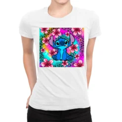 Stitch Flower Tie Dye And Leopard Ladies Fitted T-Shirt