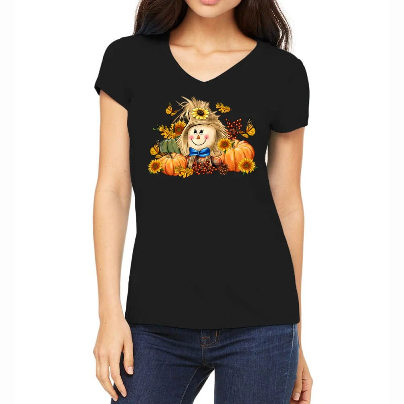Fall Scarecrow Women's V-Neck T-Shirt 1 Fall Scarecrow Women's V-Neck T-Shirt