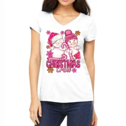 Pink Christmas Crew Snowman Women's V-Neck T-Shirt