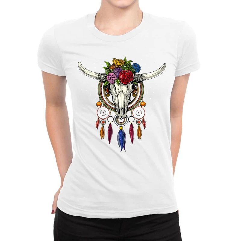 Cow Skull Hippie Dream Catcher Ladies Fitted T-Shirt 1 Cow Skull Hippie Dream Catcher Ladies Fitted T-Shirt