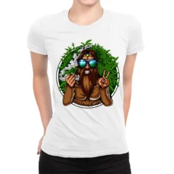 Hippie Bigfoot Smoking Weed Cannabis Ladies Fitted T-Shirt