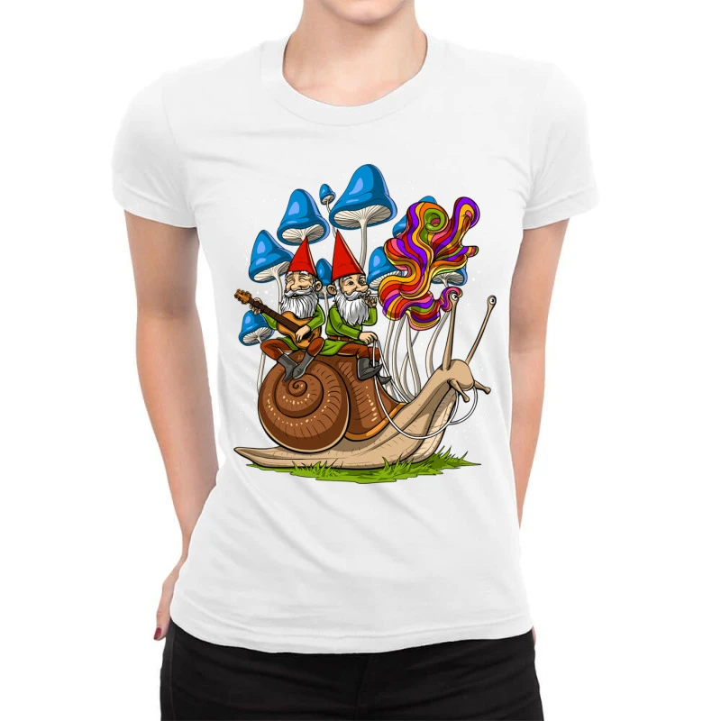 Mushroom Gnomes On Snail Ladies Fitted T-Shirt 1 Mushroom Gnomes On Snail Ladies Fitted T-Shirt