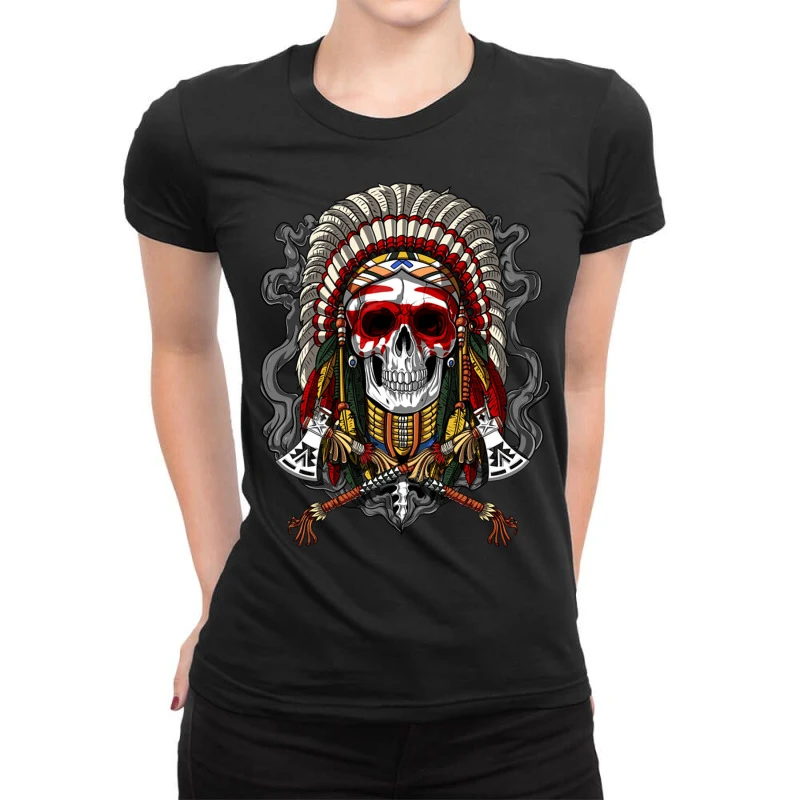 Native American Chief Skull Indian Ladies Fitted T-Shirt 1 Native American Chief Skull Indian Ladies Fitted T-Shirt