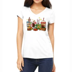 Christmas Coffee Cups With Bull Terrier Women's V-Neck T-Shirt