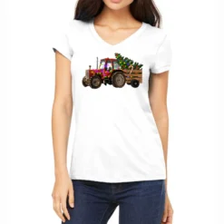 Christmas Farm Tractor Women's V-Neck T-Shirt