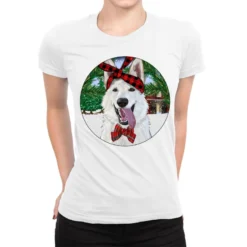 Christmas White Shepherd With Cowhide Ladies Fitted T-Shirt