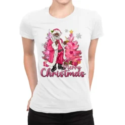 Pink Merry Christmas Black Santa Ladies Fitted T-Shirt
