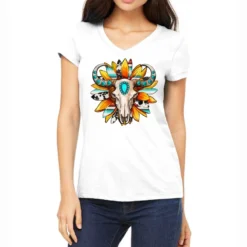 Western Bull Skull Sunflower Women's V-Neck T-Shirt