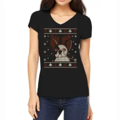 Ugly Christmas French Bulldog Puppy With Reindeer Women's V-Neck T-Shirt