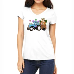 Happy Easter Tractor With Bunny Flowers And Carrot Women's V-Neck T-Shirt