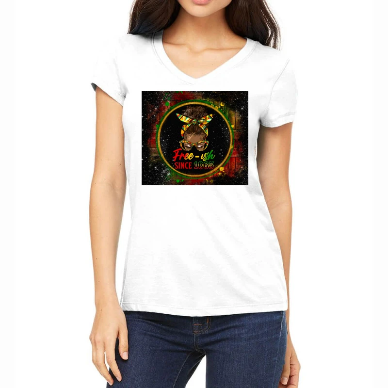 Afro Messy Bun Free-ish Women's V-Neck T-Shirt 1 Afro Messy Bun Free-ish Women's V-Neck T-Shirt